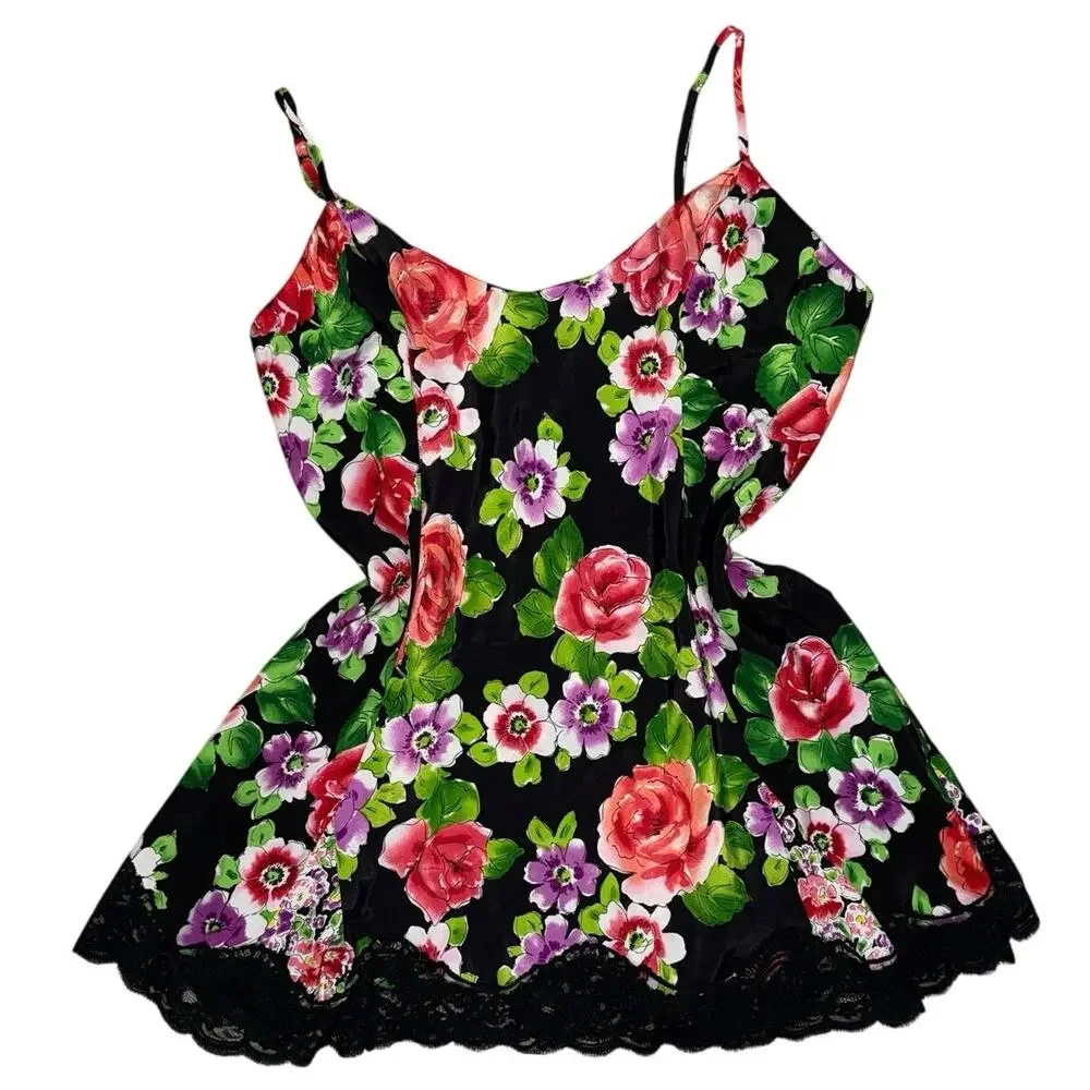 Victoria's Secret  Black Floral Nightgown Slip Dress Size L Vintage Gold Label
